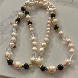 Vintage Classic Pearl and Onyx and Crystal Necklace with Gold Accents Beautiful